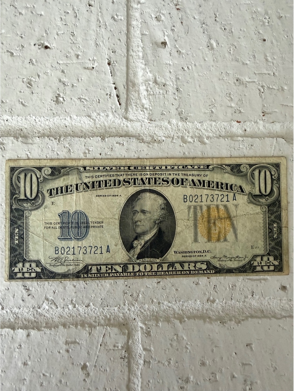 Vintage 1934 $10 United States Ten Dollar Silver Certificate Bill